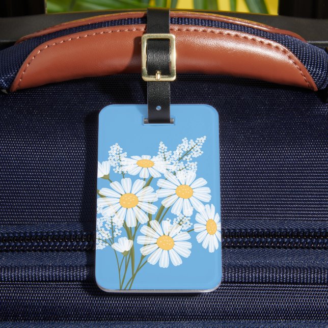Étiquette À Bagage Fleurs marguerites blanches sur bleu (Insitu Rectoal 2)
