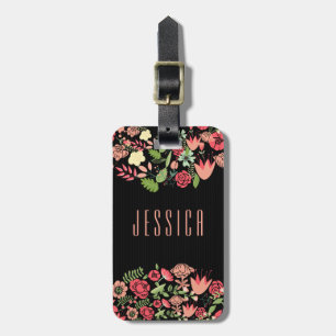 Étiquette À Bagage Fleurs Retro Colorées Avec Grilles Noires