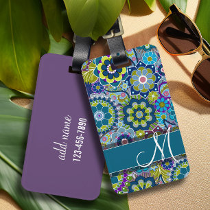 Étiquette À Bagage Fleurs rétro colorées avec Monogramme