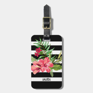 Étiquette À Bagage Fleurs Roses Et Blancs Noirs