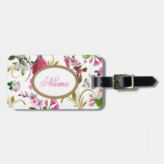 Étiquette À Bagage Fleurs roses nommées de monogramme ou de coutume