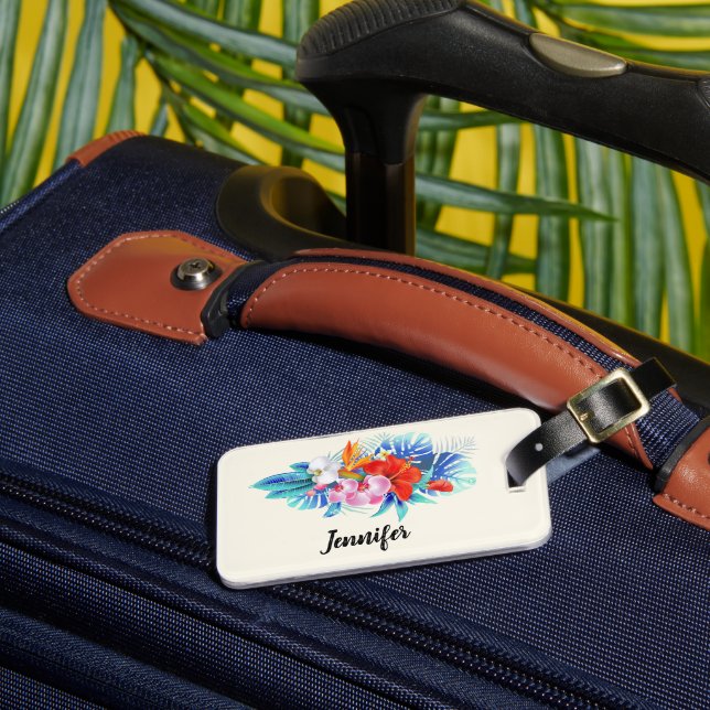 Étiquette À Bagage Fleurs tropicales exotiques en rose et turquoise (Insitu Rectoal 3)