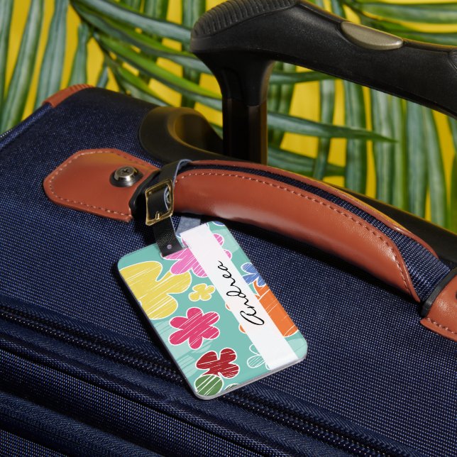 Étiquette À Bagage Fleurs tropicales, Fleurs colorées, Votre Nom (Insitu Rectoal 1)