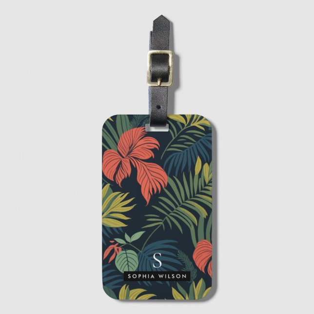 Étiquette À Bagage Fleurs tropicales modernes Monogramme Feuille vert (Devant Vertical)