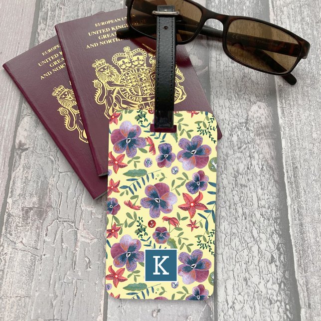 Étiquette À Bagage Fleurs Violets floral tout-dessus monogramme (Flowers Violets floral all-over print monogram Lug Luggage Tag)