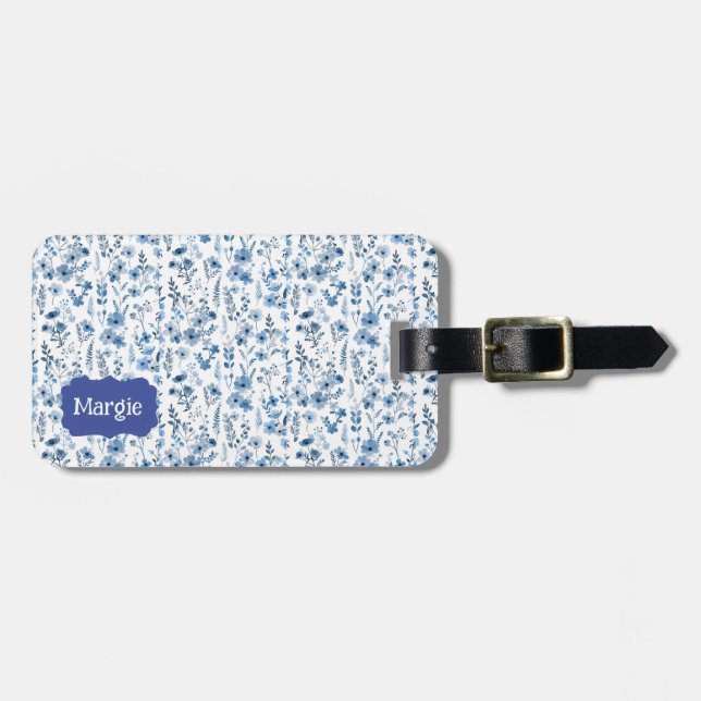 Étiquette À Bagage Floral bleu français (Devant horizontal)