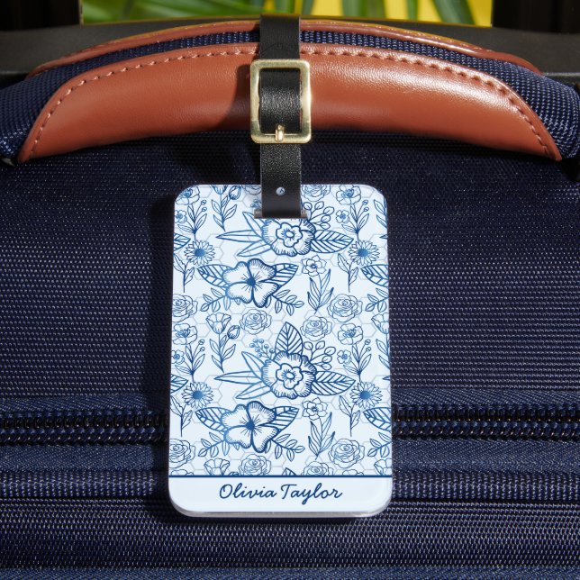 Étiquette À Bagage Floral bleu motif bleu blanc personnalisé (Insitu Rectoal 2)