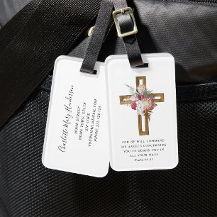 Étiquette À Bagage Floral Boho Croix chrétienne Bible religieuse Vers