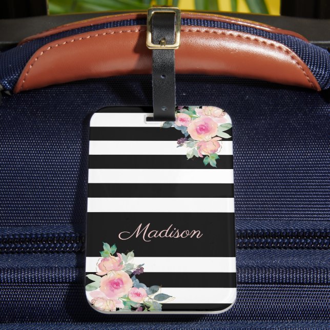 Étiquette À Bagage Floral Elegant Stripes Nom Rose Noir Blanc (Insitu Rectoal 2)