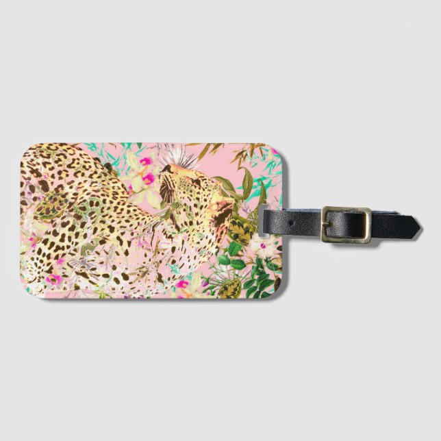 Étiquette À Bagage Floral empreinte de léopard tropical hawaïen (Devant Horizontal)