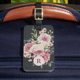 Étiquette À Bagage Floral foncé sur noir   Monogramme