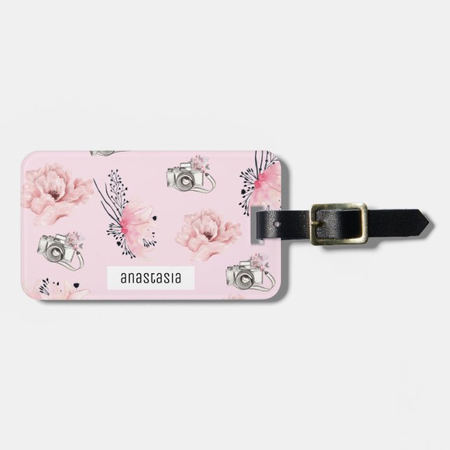 Étiquette À Bagage Floral personnalisé Pastel rose (Devant horizontal)