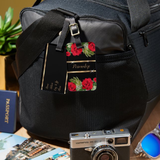 Étiquette À Bagage Floral rose rouge sur noir (Recto & Verso)