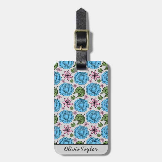 Étiquette À Bagage Floral sans couture motif bleu & rose personnalisé (Devant Vertical)