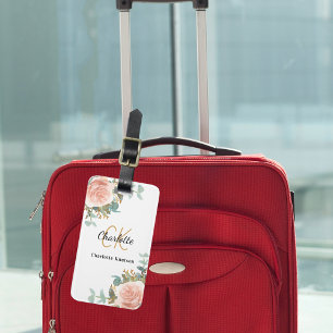 Étiquette À Bagage Floraux d'or rose monogramme élégant