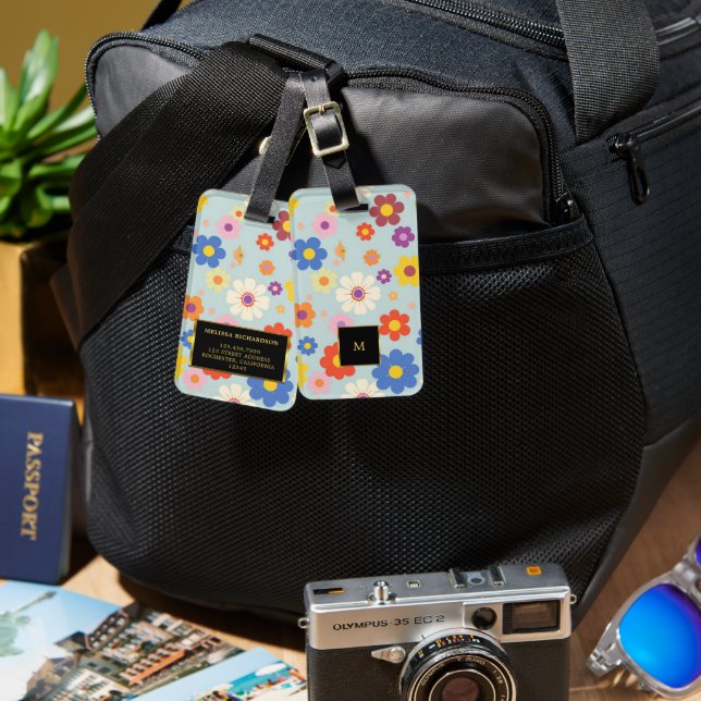 Étiquette À Bagage Flores d'aquarelle moderne noir or monogramme (Recto & Verso)