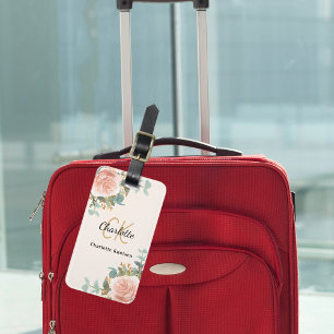Étiquette À Bagage Flores d'or rose beige monogramme élégant