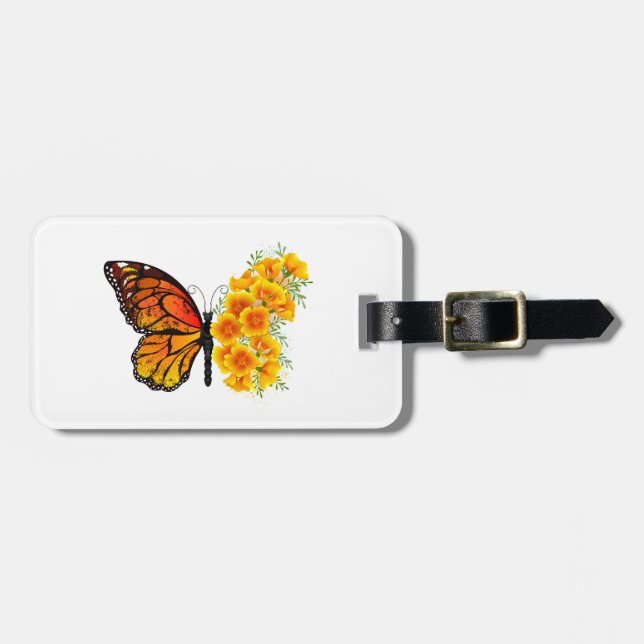 Étiquette À Bagage Flower Butterfly with Yellow California Poppy (Devant horizontal)