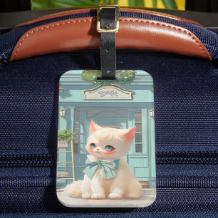 Étiquette À Bagage Fluffy Kitten avec Blue Bow à la pâtisserie