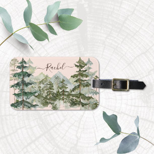 Étiquette À Bagage Forêt de pins et montagne rustique à l'aquarelle