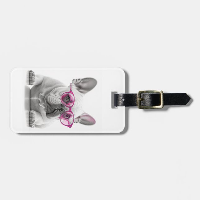 Étiquette À Bagage French Bulldog avec lunettes roses étiquette bagag (Devant horizontal)