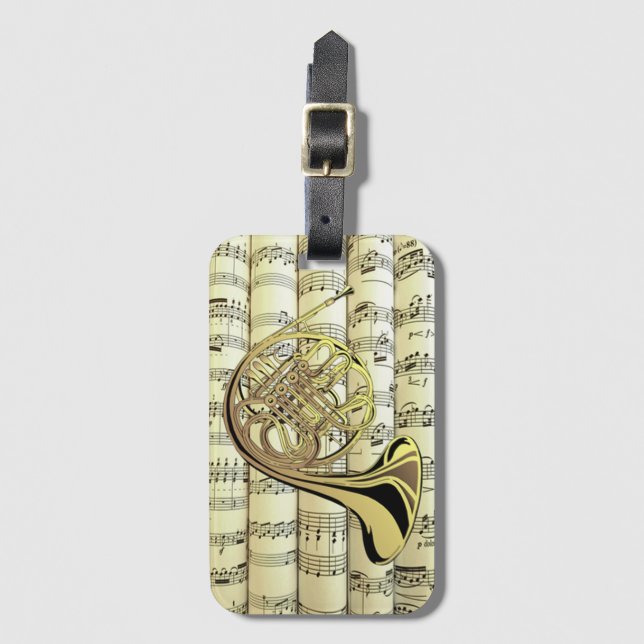 Étiquette À Bagage French Horn On Rolled Sheet Music ~ (Devant Vertical)