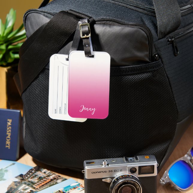 Étiquette À Bagage Fuchsia chaude personnalisée rose et blanc (Recto & Verso)