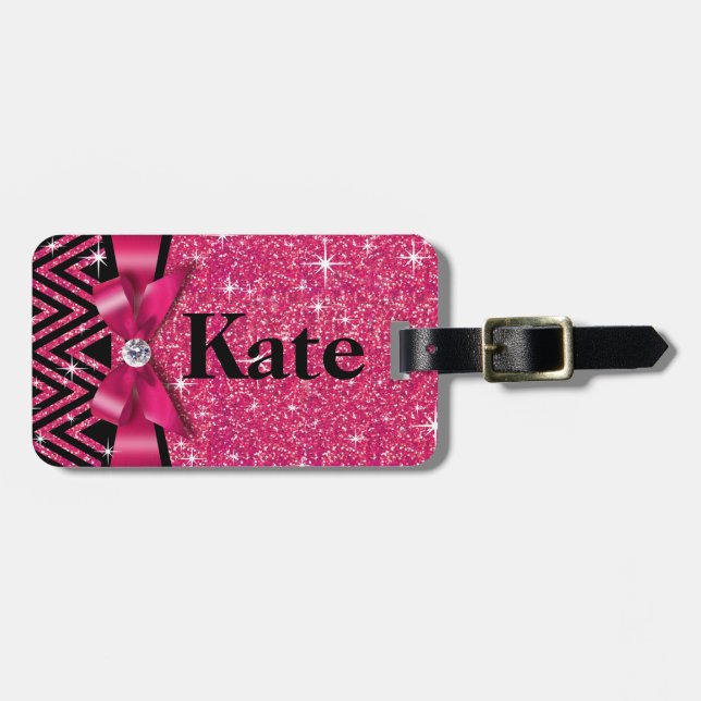 Étiquette À Bagage Fuchsia de l'arc | de diamant de Chevron Bling de (Devant horizontal)
