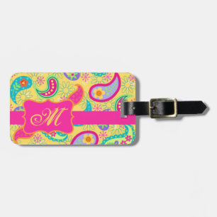 Étiquette À Bagage Fuchsia jaune rose moderne Paisson Monogramme