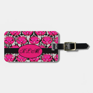 Étiquette À Bagage Fuchsia rose noir gris parisien Damask Monogramme