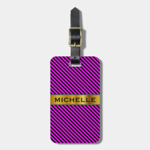Étiquette À Bagage Fuchsia simple et motif noir de rayures + Nom