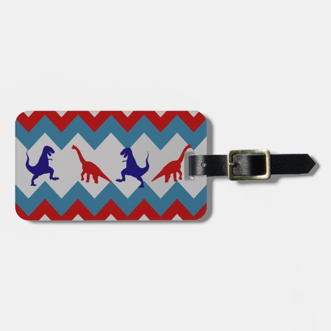 Étiquette À Bagage Fun Boys Dinosaures Rouge Bleu Chevron Motif (Devant horizontal)