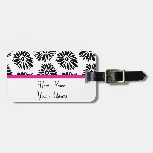 Étiquette À Bagage Funky Black et blanc floral (Devant horizontal)