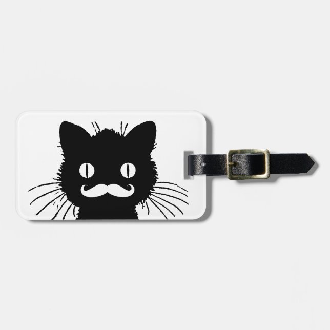 ÉTIQUETTE À BAGAGE FUNNY MUSTACHE, CHAT NOIR (Devant horizontal)