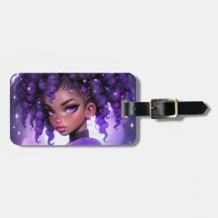 Étiquette À Bagage Galaxie violette fille avec cheveux bouclés