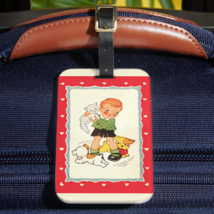 Étiquette À Bagage Garçon vintage tenant un chaton avec des chiots de