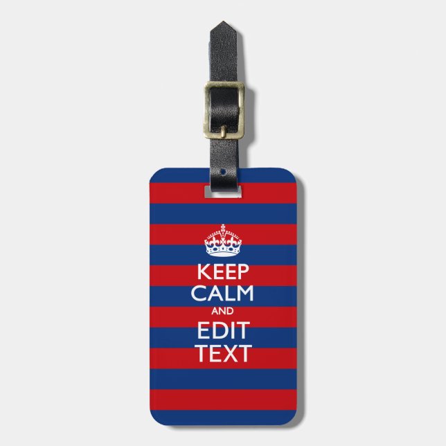 Étiquette À Bagage GARDEZ CALME et votre texte sur les bandes bleues (Devant Vertical)