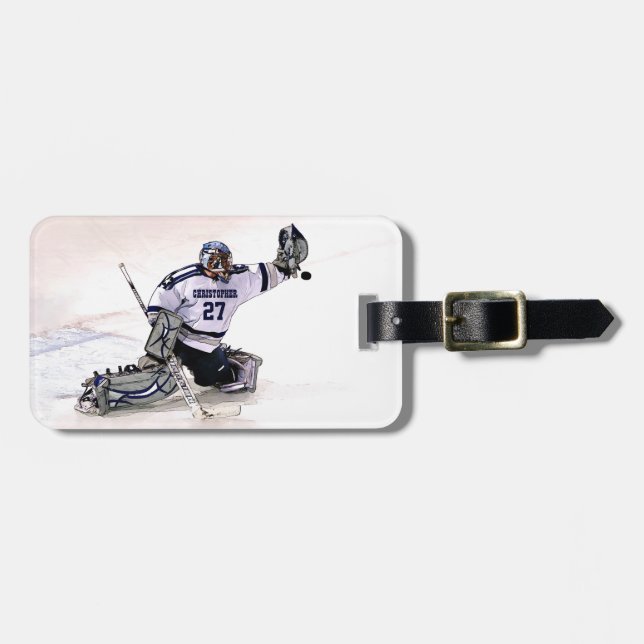 Étiquette À Bagage Gardien de but de hockey sur glace avec votre (Devant horizontal)