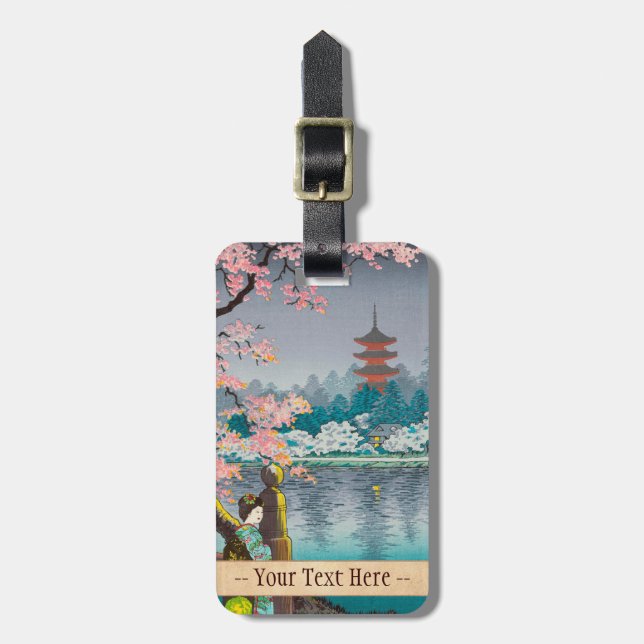 Étiquette À Bagage Geisha et cerisier, paysage de Japonais de parc (Devant Vertical)