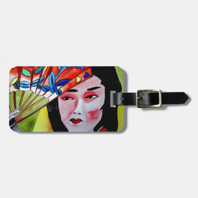 Étiquette À Bagage Geisha japonais avec ventilateur aquarelle origina (Devant horizontal)