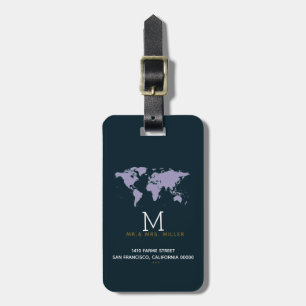 Étiquette À Bagage gentil monogrammed deep-blue Mr & Mrs worldmap