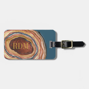 Étiquette À Bagage Géode Agate Monogramme Aquarelle Bleue Argile Bleu