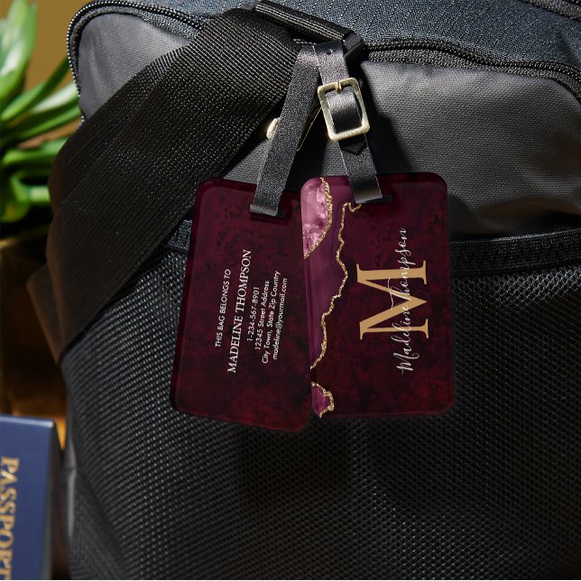 Étiquette À Bagage Géode Agate Stylé Monogramme Bourgogne (Créateur téléchargé)