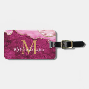 Étiquette À Bagage Géode d'agate élégant Monogramme rose magenta