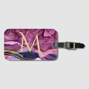 Étiquette À Bagage Géode d'agate violet rose et or Monogramme