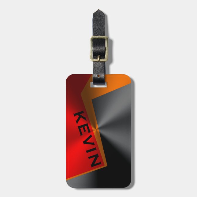 Étiquette À Bagage Géométrique Métallurgique Noir Rouge & Orange (Devant Vertical)
