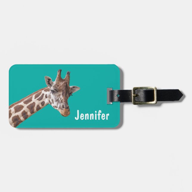 Étiquette À Bagage Girafe animal sur vert Turquoise (Devant horizontal)