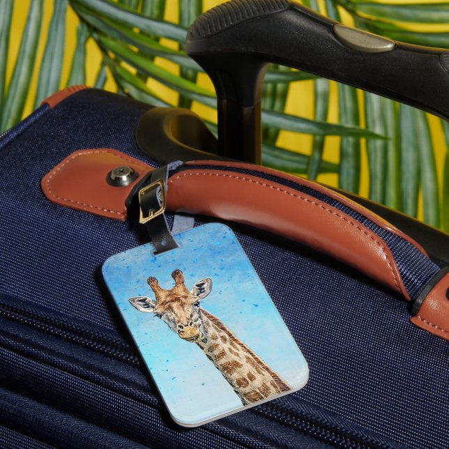 Étiquette À Bagage Giraffe curieuse avec Ciel de Confetti Bleu (Insitu Rectoal 1)
