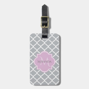 Étiquette À Bagage Girl Grey Quatrefoil Lavender Monogramme et nom