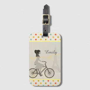 Étiquette À Bagage Girl Riding Bike in Paris Polka Dot Personnalisé